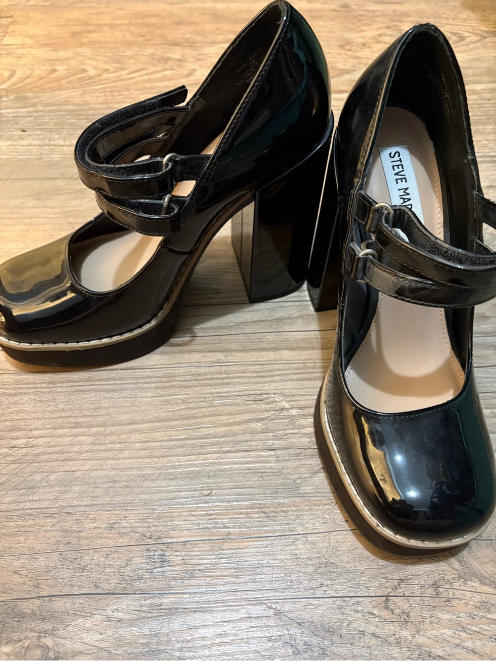 Steve Madden Black Patent Double-Strap Block Heel Pumps - Picture 1 of 10